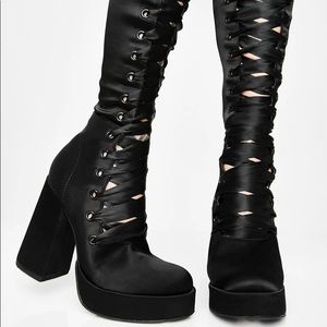 Dolls kill black thigh high lace up platform boots